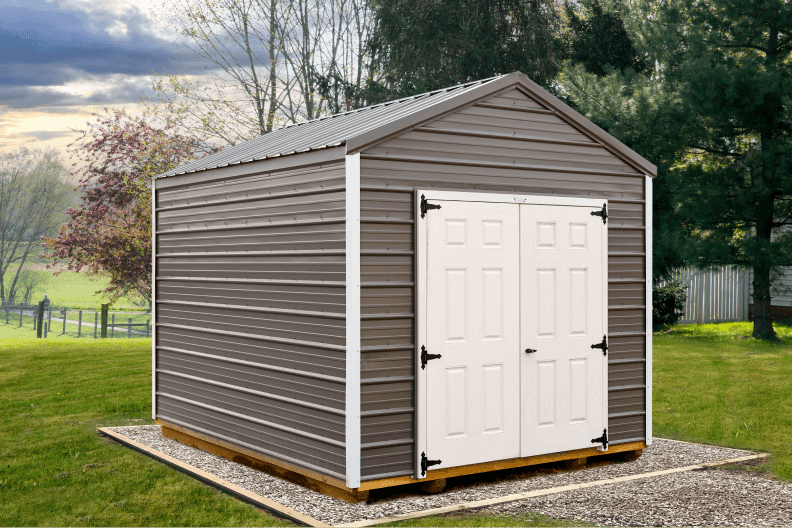 A classic metal shed with white double doors